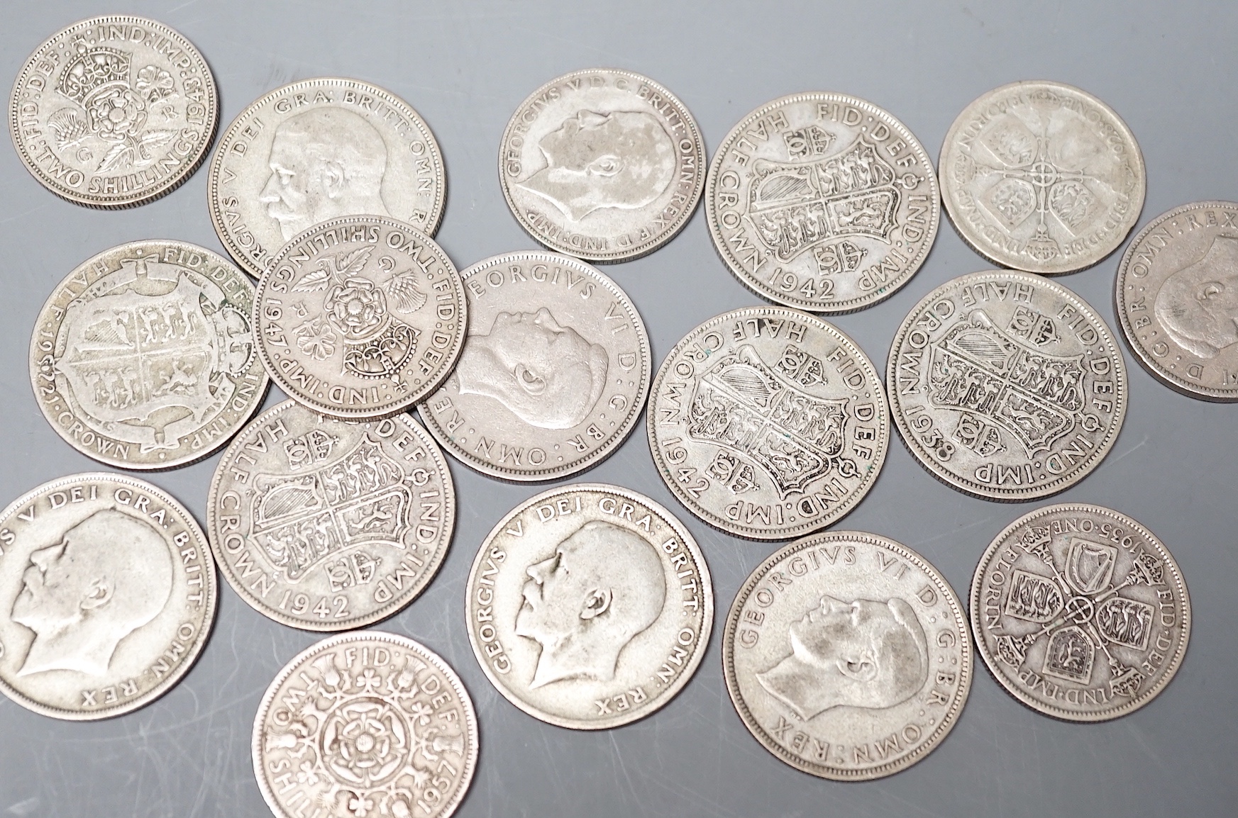 A 1976 French 50 Francs, and a collection of George V to QEII UK florins, shillings and threepence coins